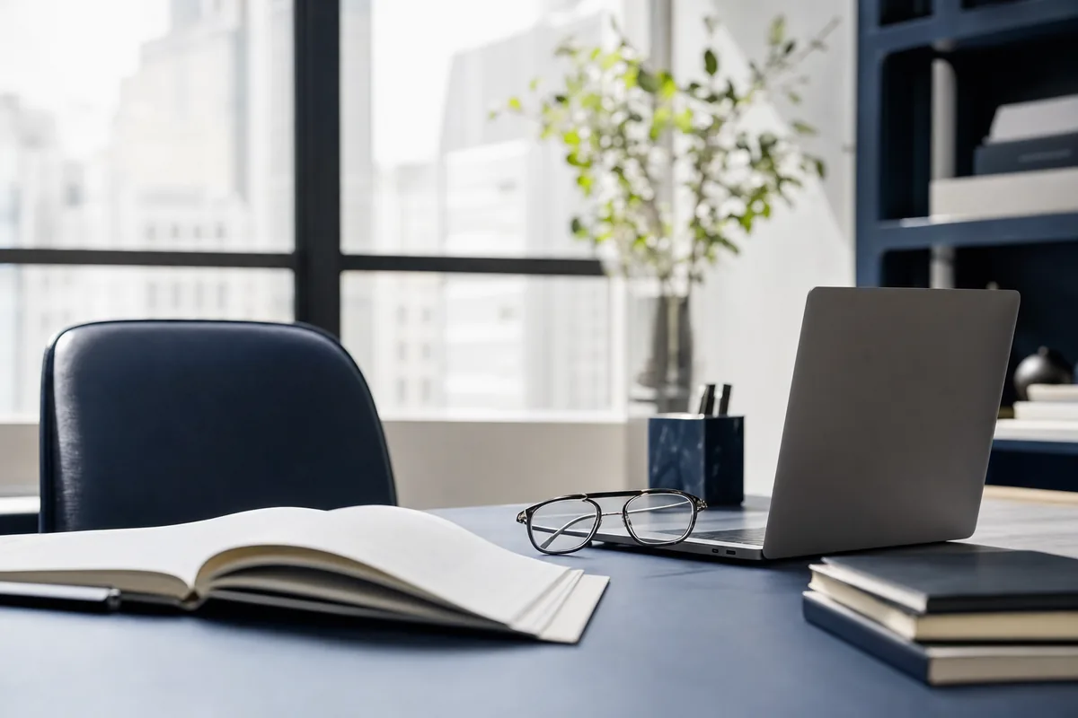 A considered consultancy workspace with documents and a laptop overlooking a city skyline